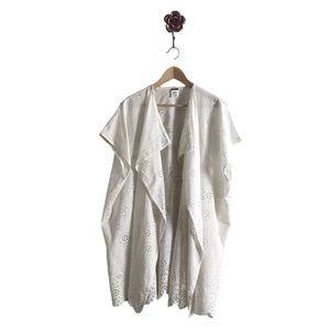 J Crew White‎ Organic Cotton Open Oversized Beach Eyelet Scalloped Poncho